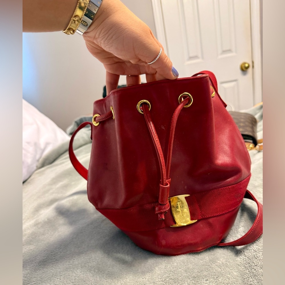 AUTHENTIC SALVATORE FERRAGAML Red Leather Bucket Bag